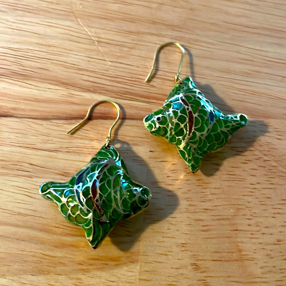 Green and Gold Vintage Stained glass painted earrings